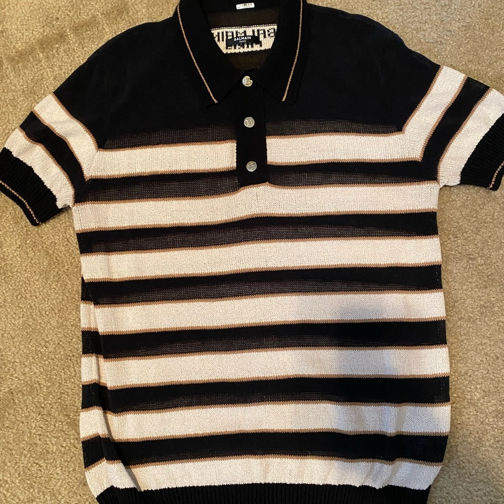 Balmain Black and Cream Striped Polo Shirt